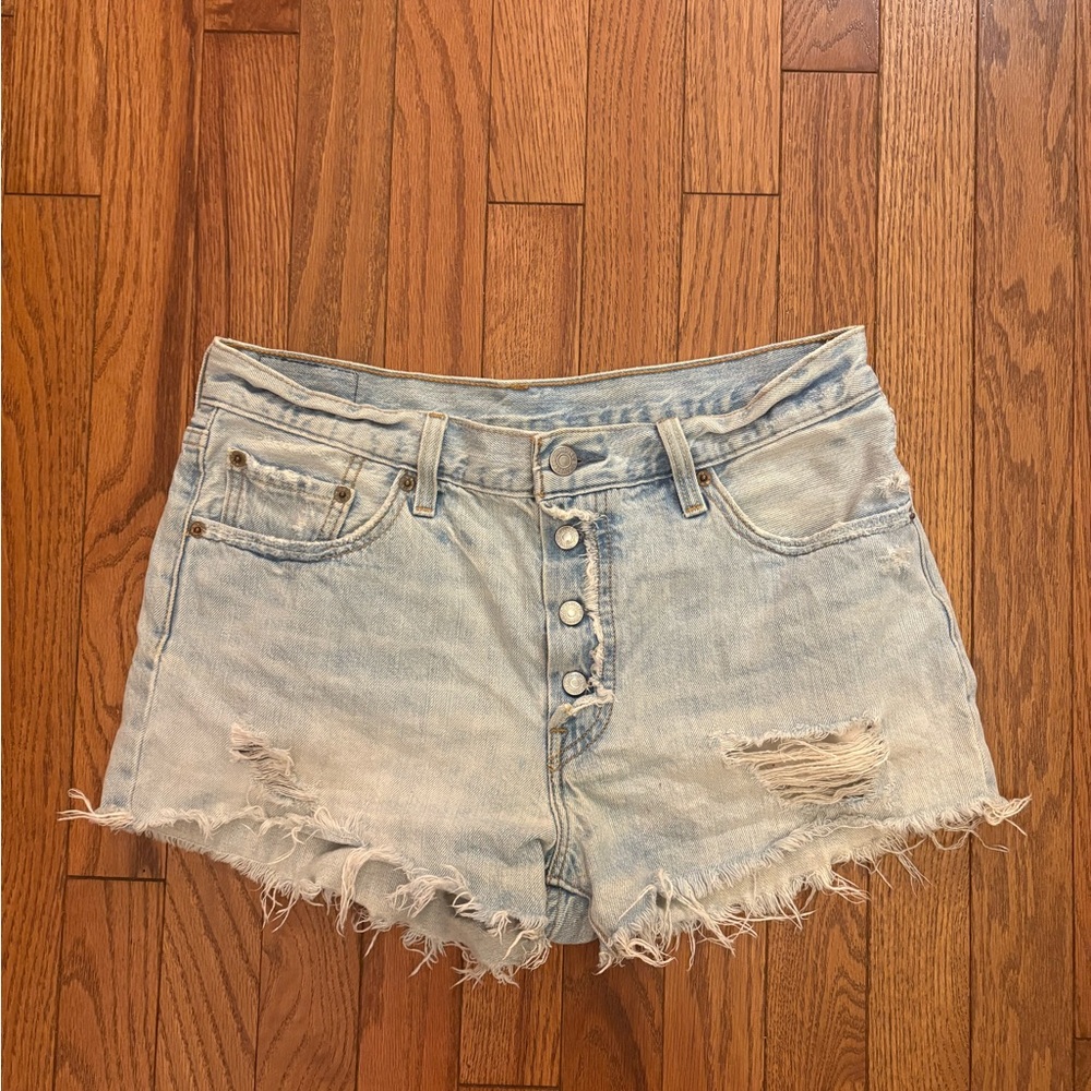 Levi 501 Button Fly Light Blue Distressed Denim Shorts